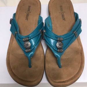 Sandles:  MinneTonka, teal with silver conches, size 8.